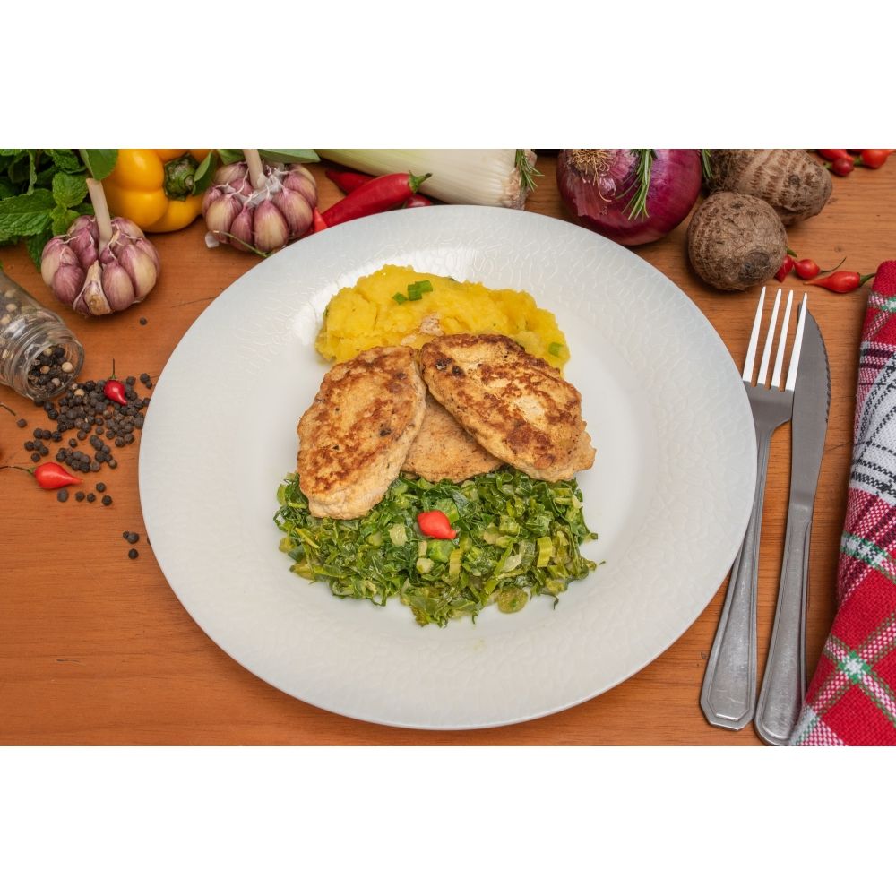 HANG | HAMBÚRGUER DE FRANGO / PURÊ DE MANDIOQUINHA / COUVE